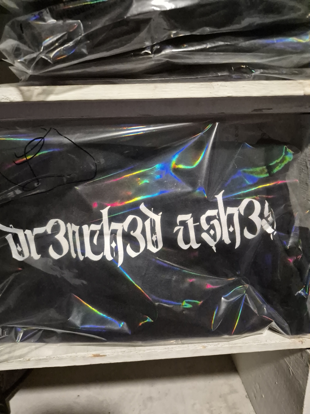 Black Dr3nch3d Ash3s Graphic Tee with White Gothic Script